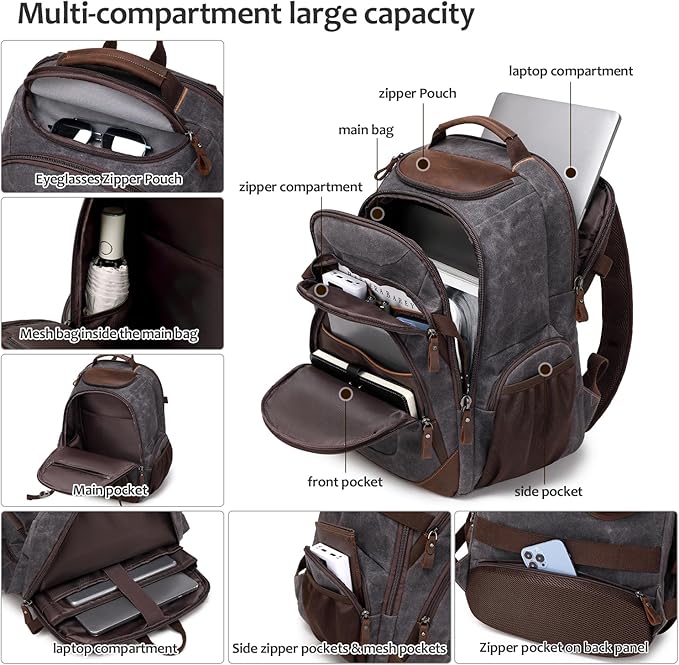 Travel Laptop Backpack 17.3 inch XL Computer Backpack for Men Waxed Canvas College Daypack Business Backpack Black Gray