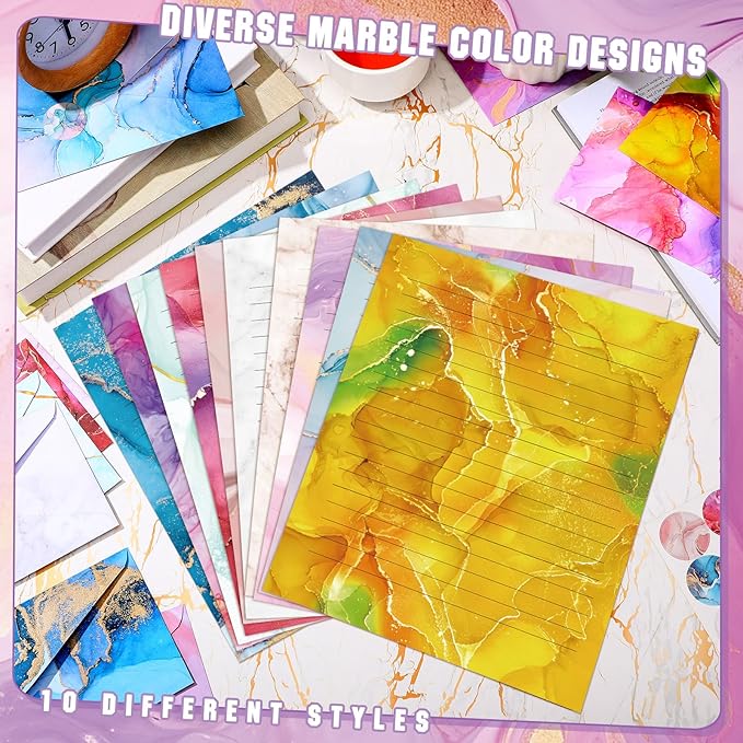 TaoBary 160 Packs Stationery Paper Set (50 Double Sided Stationery Writing Papers 50 Matching Envelopes) 60 Round Dot Sticker, 10 Design(Marble,8.5 x 11 Inch)