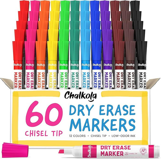 Chalkola Dry Erase Markers Bulk (60 Pack, 12 Vibrant Colors) | Chisel Tip WhiteBoard Markers, Dry Erase Pens - White Board Pens for Kids, Teachers - Home, Office, School Classroom Supplies