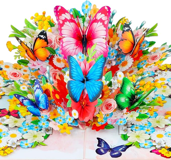 D4DREAM 3D Floral Butterfly Card for Women - Mothers Day Butterfly Pop Up Card Mothers Day Greeting Cards with Envelope Flowers Pop Up 3D Birthday Gift for Her Wife Mom Grandma