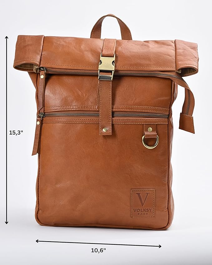 Genuine Leather Backpack for Women, Roll Top Backpack, Laptop Bookbag, Roll On Vintage Rucksack for College, Work & Travel, Brown, Medium - 15.3 Inch
