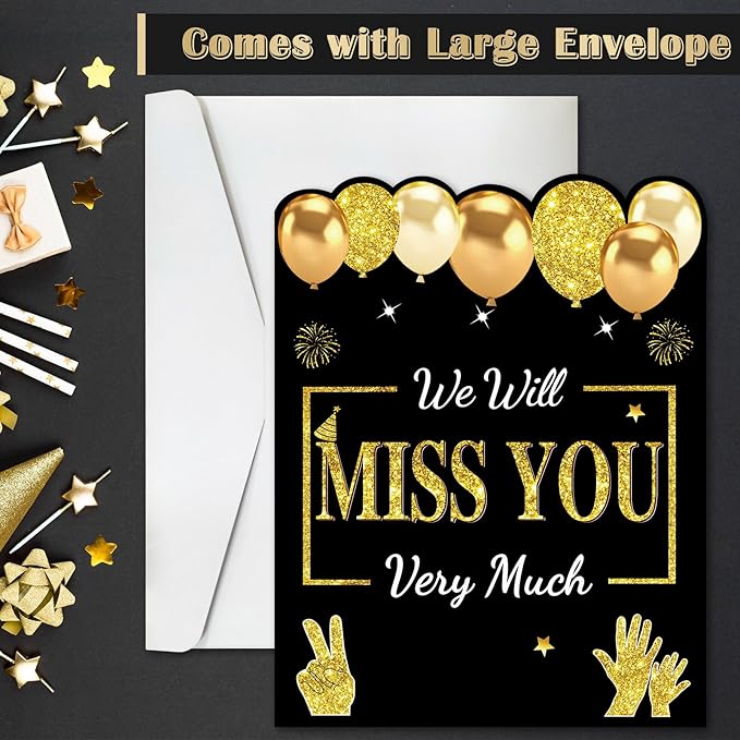Retirement Greeting Card for Men Women, Large Black Gold Guest Signature Book Gifts, We Will Miss You Good Luck Blessing Greeting Card for Going Away Farewell Decorations Party Supplies.