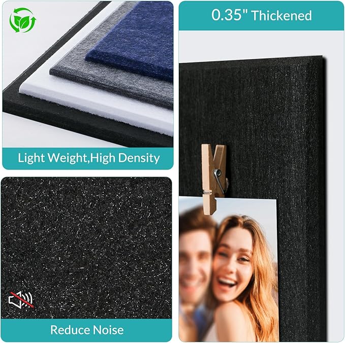 Black Cork Board 48" x 36" - 12 Pack Felt Wall Tiles with Safe Removable Adhesive Tabs - Large Cork Board for Office & Home & School Walls Decor - Black