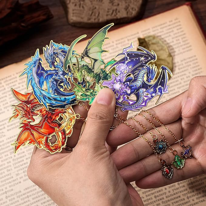 Fantasy Fourth Wings Dragon Bookmarks -4 Designs: Fire Red,Ice Blue,Thunder Purple,Forest Green-Unique Cool Metal Book Marks for Men Women, Inspirational Gift for Kid, Readers, Book Lovers, Collectors