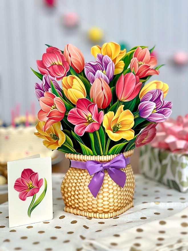 Freshcut Paper Pop Up Cards, Festive Tulips, 12 Inch Life Sized Forever Flower Bouquet 3D Popup Greeting Card, Birthday Cards, Thank You Card, Blank Notecard & Envelope
