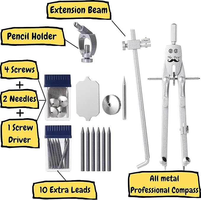 Mr. Pen- Professional Metal Compass with Wheel, Lock and Extension Bar for Geometry, Drafting, Math, Drawing, Compass for Geometry, Tool for Drawing Circles, Drawing Compass, Compass Drawing Tool