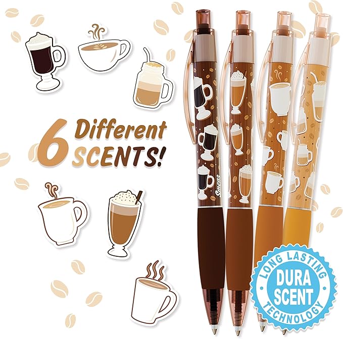 Coffee Smens - Gourmet Coffee-Scented Gel Pens, Black Ink, Medium Point, 6Pack Variety Set