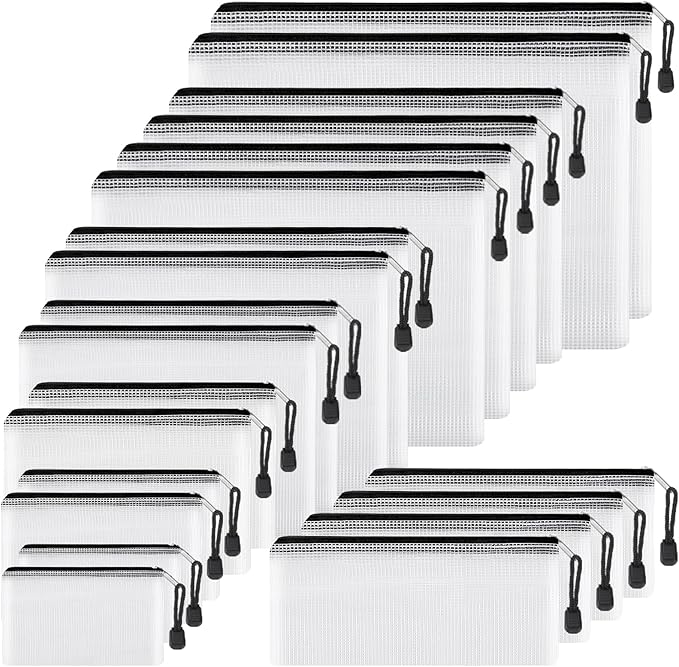 EOOUT 20pcs Mesh Zipper Pouch 8 Sizes Waterproof Zipper Bags, Plastic Travel Pouch for Board Game Travel Storage School Supplies Office Appliances Home Organize