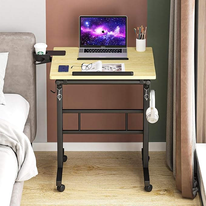 Klvied Stand Up Desk on Wheels, Portable Computer Desk for Home Office,Rolling Desk for Laptop with Removable Cup Holder, Adjustable Laptop Cart for Standing or Sitting,Natural