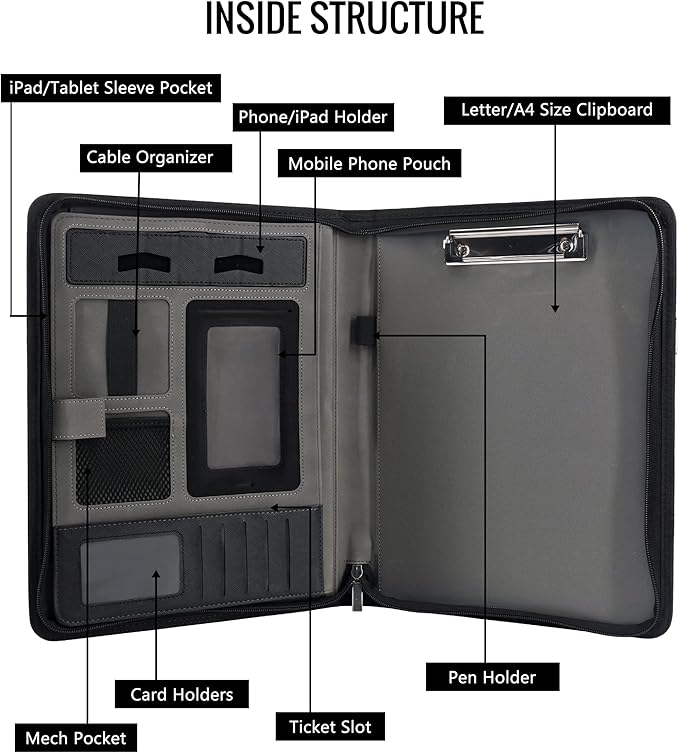 GraduatePro Portfolio Binder Leather Zippered Padfolio Folder Business Case Organizer Bag for Pad Notebook Resume for Women Graduation Gift, Purple