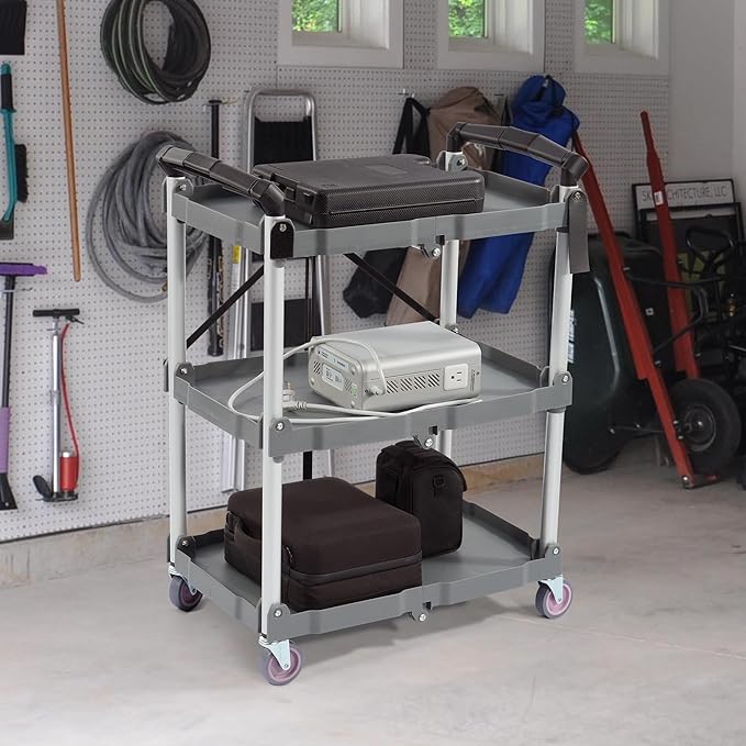 ELEVON Portable Folding Collapsible Service Cart Foldable Service Cart 3 Tier Collapsible Push Cart Folding Utility Carts with Wheels for Office Warehouse Home, Black