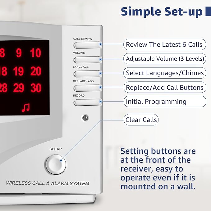 Nurse Call System Wireless Call System with 1 Portable Caregiver Pager 10 Call Buttons and 1 Central Monitoring Unit for Seniors Patients Clinic Emergency Nursing Care Home