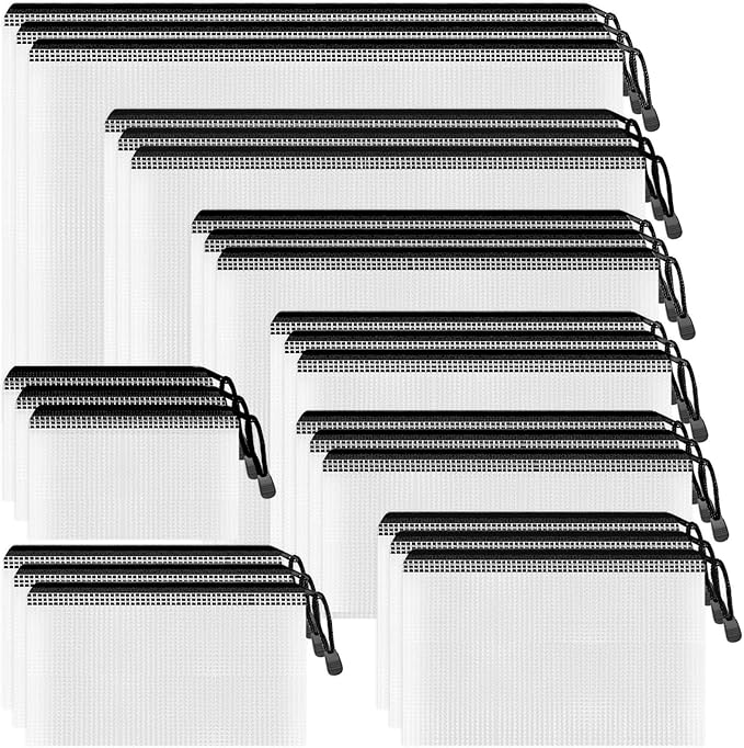Smarpau Mesh Zipper Pouch, 24 Pack 8 Sizes Plastic Zipper Pouches for Organizing, Multipurpose Waterproof Zipper Bags for Travel, Office, Home Storage, Black