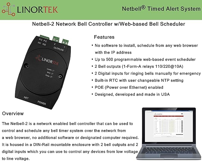 Netbell-2 TCP/IP Bell Timer Controller, Network and POE Enabled, Programmable, with Free Scheduling Software, 2 Bell Outputs