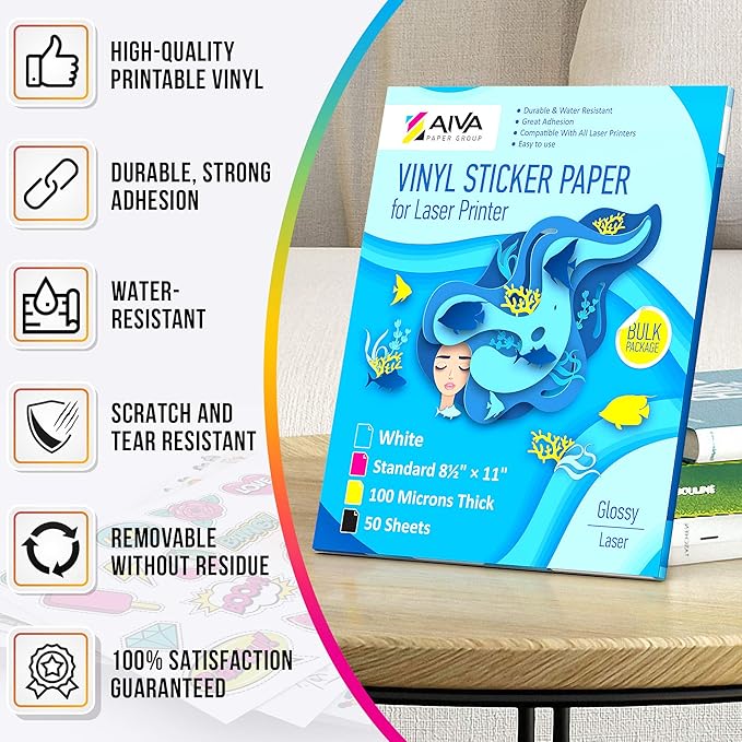 Printable Vinyl Sticker Paper for Laser Printer - Glossy White - 200 Self-Adhesive Sheets - Waterproof Decal Paper - Standard Letter Size 8.5"x11"