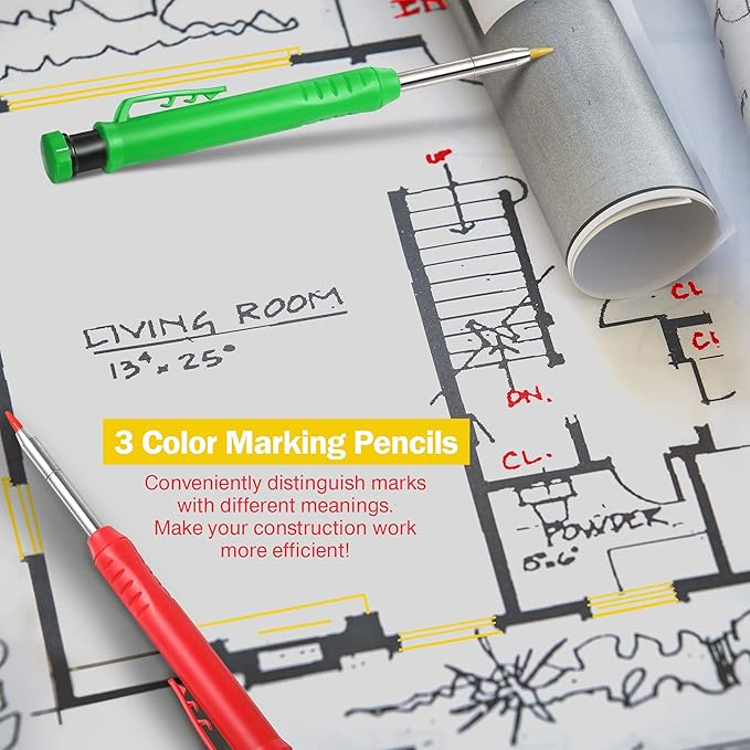 Hiboom 3 Pack Solid Carpenter Pencil with 21 Refill, Long Nosed Deep Hole Mechanical Pencil Marker with Built in Sharpener for Carpenter, Design Patent (Green, Red, Black Cover)
