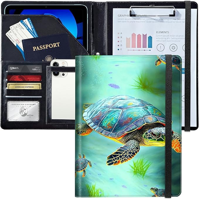 PU Leather Padfolio Folder Clipboard Portfolios Organizer Conference Document Organizer with Business Card Holder Storage Clipboard Writing Pad,Sea Turtles