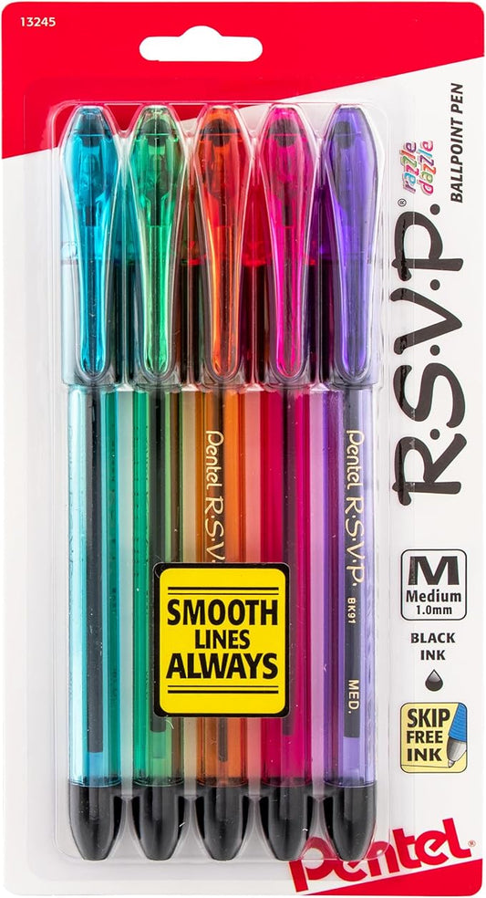 Pentel RSVP Razzle-Dazzle Ballpoint Pen, (1.0mm) Medium Line, Black Ink, Pack of 5 (BK91RDBP5M)