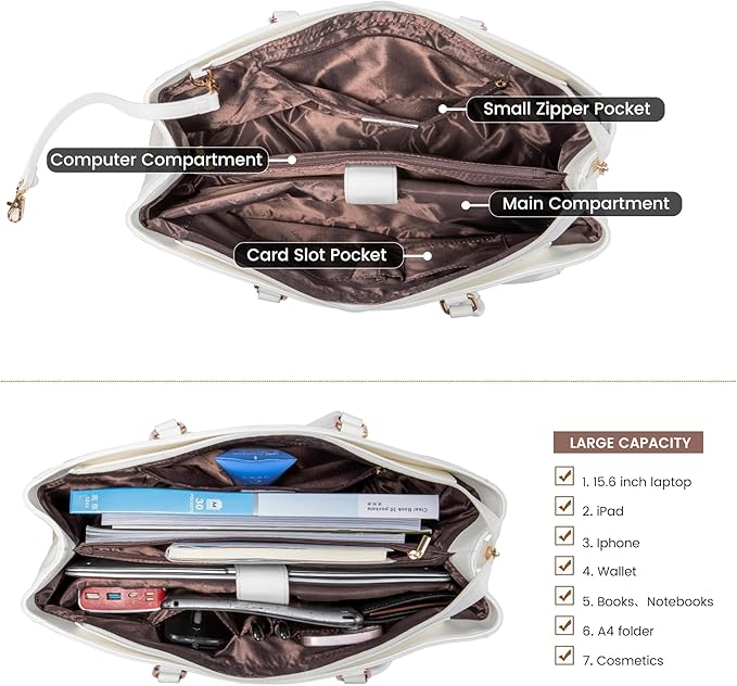 LOVEVOOK Laptop Bag for Women 15.6 Inch Tote Bags Waterproof Leather Briefcase Computer Women Business Office Work Bag,White