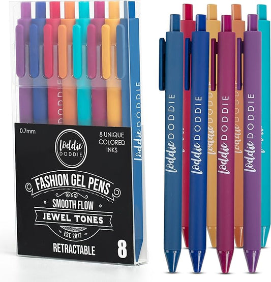 Loddie Doddie Jewel Tones Gel Pens - 0.7mm Medium Point, Smooth Writing, Retractable Gel Pens - No Bleed, Non-Smudge, Colored, 8-Pack for Journaling and Note Taking