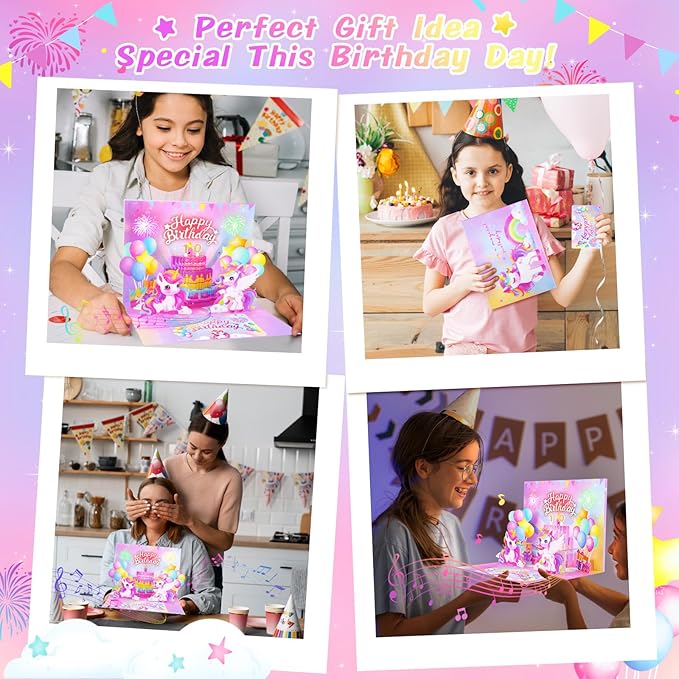 Pop Up Birthday Card with Light & Music, Unicorn 3D Birthday Card, Fireworks Birthday Card for Women Kids Girls Daughter, 3D Cake Greeting Crad with Blowable Candle Sticker DIY Numbers