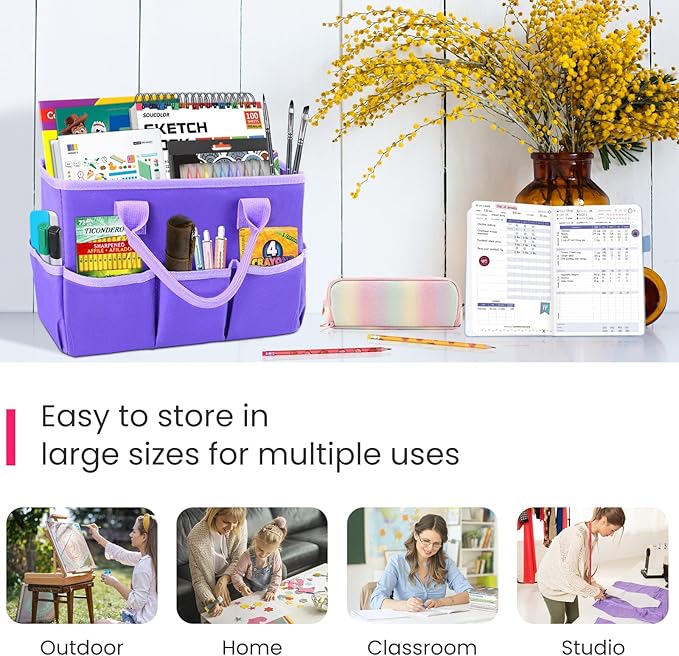 Godery Desktop Tote and Stock Organize, Teacher Helper Tote Bag Organization for Arts, Books, Stationery, etc, and Office Desk Organize, Make-up Storage Tote with Handles for Travel (PURPLE)