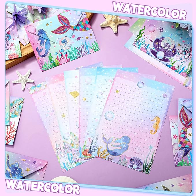 TaoBary 160 Packs Stationery Paper Set (50 Double Sided Stationery Writing Papers 50 Matching Envelopes) 60 Round Dot Sticker, 10 Design(Mermaid,5.5 x 8.25 Inch)