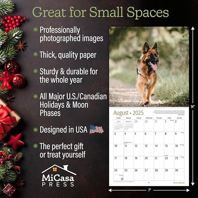 MICASA German Shepherds Mini 2025 Wall Calendar 12 Month | 7" x 14" Open | Thick & Sturdy Paper | Giftable | Calendar 2025
