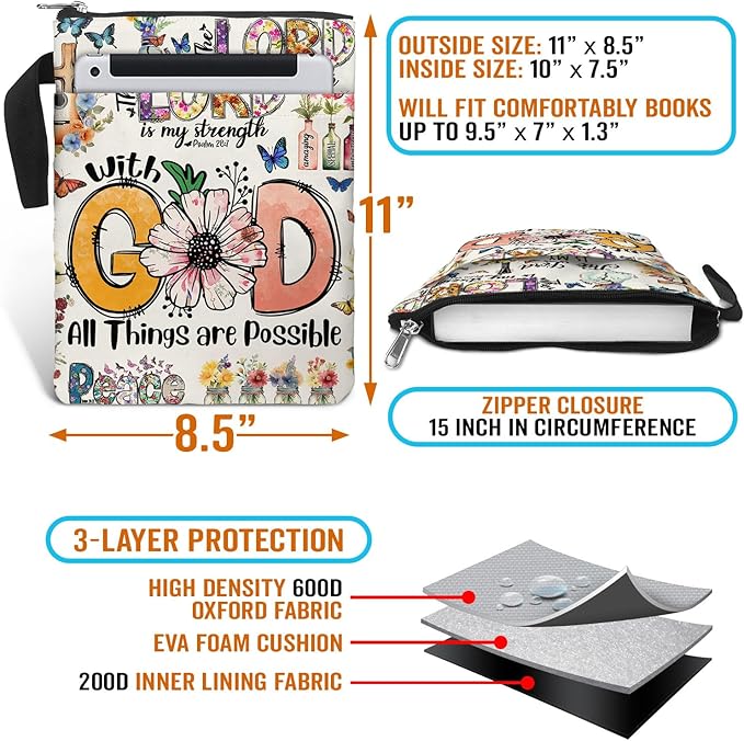 84hoods Book Cover Bag with Zipper and Front Pocket. Bible Book Sleeve. Christian Faith God Religious Gift. Washable Fabric 11 X 8.5 Inch. All Things are Possible