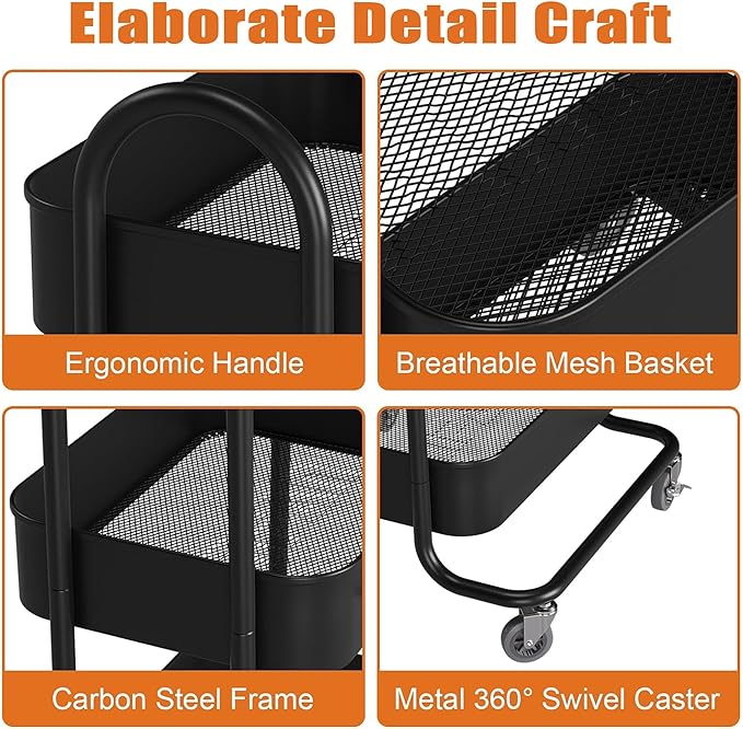 4-Tier Black Rolling Cart,Metal Rolling Utility Cart with Handle,Multifunction Rolling Carts with Wheels,Kitchen Storage Carts Suitable for Office,Home,Kitchen,Garden（13.4"x18.1"x40"） Black