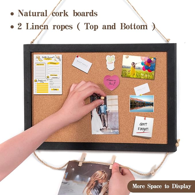 Miratino 2-Pack Cork Board Bulletin Board, 16x11 Inches Wooden Frame Pin Board, Cute Cork Boards for Walls Hanging for Office, Home Decor, School (Pins, Clips, Strings) Black