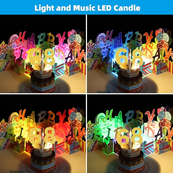 Gumry 68TH Musical Birthday PopUp Card, Blowable Colorful Light Candle 3D Cards with Song, Applause Cheers Sound, Greeting Cards Birthday Gifts Decorations for Women Men Turning 68 Years Old