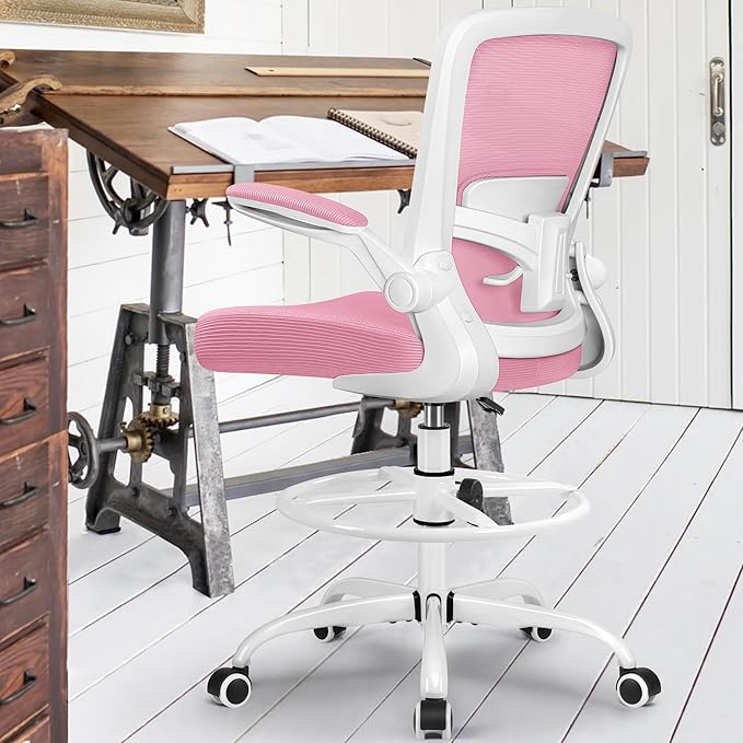 FelixKing Drafting Chair Ergonomic Tall Office Chair, Breathable Mesh Chair with Adjustable Footrest Ring Lumbar Support Flip-up Armrests, High Back Executive Comfy Task Computer Chair for Home Office