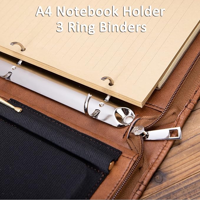 Personalized Leather Portfolio with 3 Ring Binder, Vegan Leather Padfolio Zippered, A4 Notebook Holder Customized Business Folder Organizer Gift for Men and Women, Brown