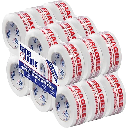 Aviditi Tape Logic 2 Inch x 110 Yard 2.2 Mil Red/White, Heavy Duty Packing Tape, "Fragile Handle with Care" 18 Pack, Perfect for Packing, Shipping, Moving, Home and Office
