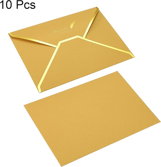 PATIKIL V Flap Envelopes, 10 Pack 7 x 5'' Luxury Style Gold Border Greeting Card Envelope for Invitations Weddings, Golden