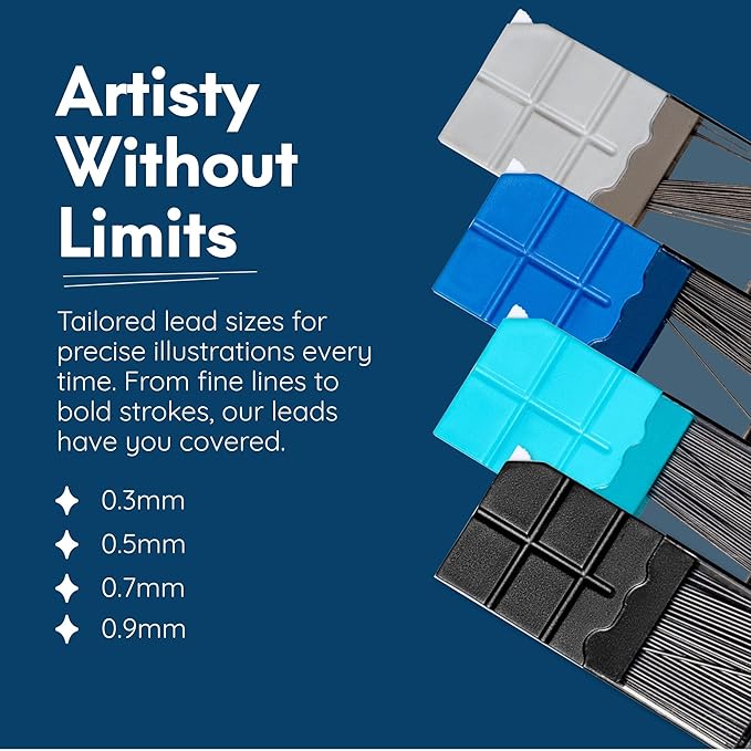 Mozart Essential Set of Lead Refills - 4 Sizes: 0.3, 0.5, 0.7 & 0.9 mm with 100 HB Lead Refills for Each - for Sketch, Architecture, Drafting, Art, Drawing Supplies, Metal Mechanical Pencils