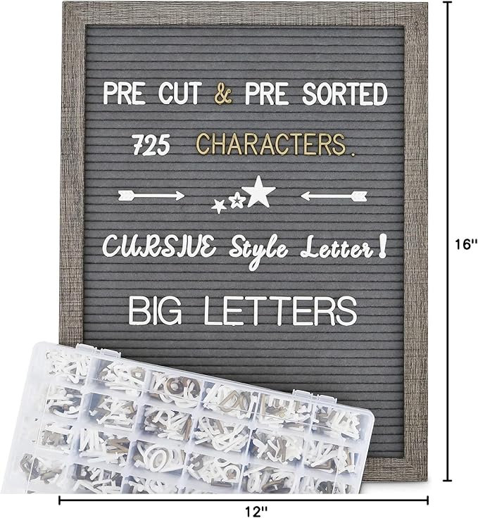 Felt Letter Board 12x16 Inch Rustic Wood Frame,Pre Cut & Sorted 725 Letters with Stand, Dark Grey Changeable Letter Boards Message Board Sign, Classroom Decor Farmhouse Wall Decor Sign Board