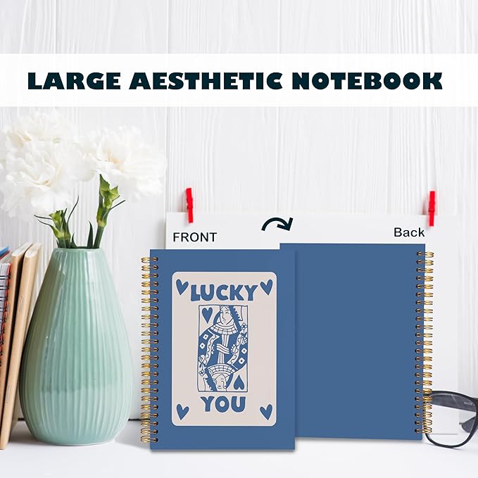 BearCake Funky Retro Y2K Blue Preppy Notebook, Lucky You Poker Preppy Journal, Blue Aesthetic Notebooks, Blue Office Supplies, Blue Desk Accessories, Hardcover Spiral Notebook 5.5x8.3