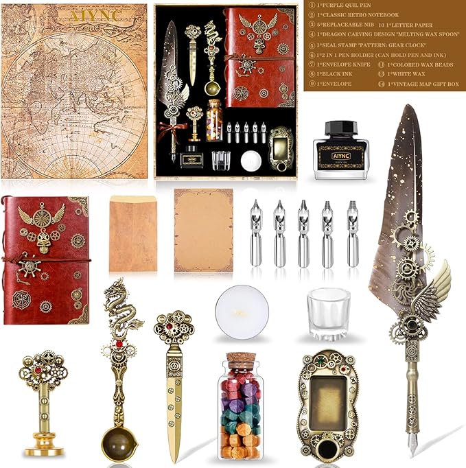 Feather Pen Ink Set With Quill Pen, Notebook, 5 Replaceable Nibs, Seal Stamp, Spoon, Wax Beads, White Wax, Ink, Holder Cup, Envelope, Letter Paper, Envelope Tool(grey)