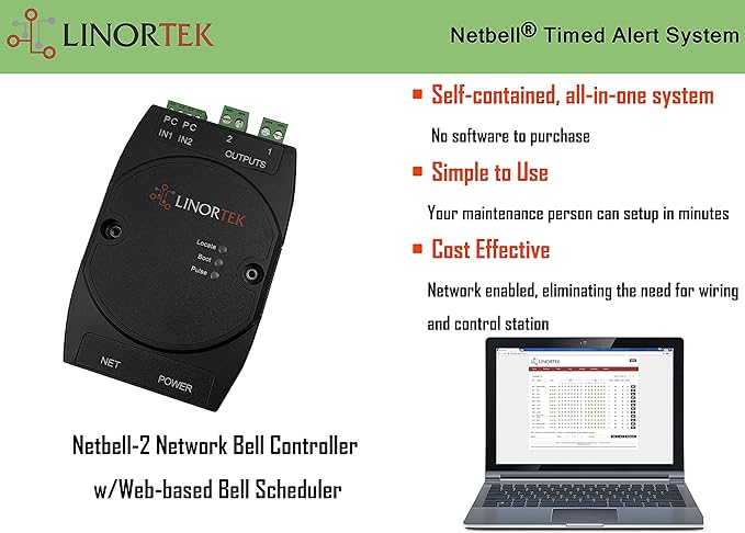 Netbell-2 TCP/IP Bell Timer Controller, Network and POE Enabled, Programmable, with Free Scheduling Software, 2 Bell Outputs