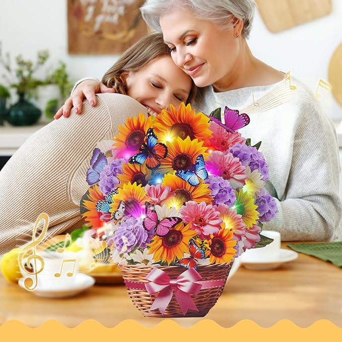 Flower Bouquet Birthday Cards with MUSIC & LIGHTS, 3D Pop Up Greeting Cards, 12 Inch Life Sized Sunflower Butterfly Mothers Day Cards for Mom Women Sister Daughter Grandma
