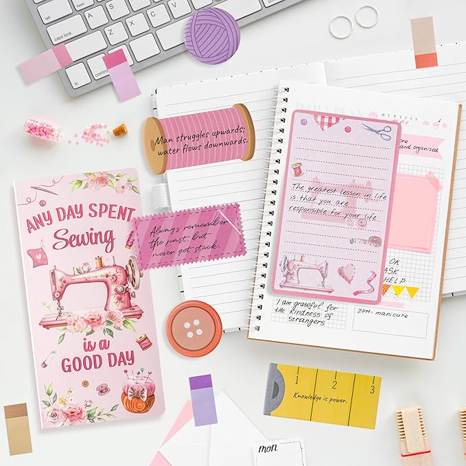 Retro Sewing Sticky Notes Set - Any Day Spent Sewing is A Good Day Self-Stick Note Pads Teacher Appreciation Notepads Writing Memo Pad Page Marker Back to School Office Supplies (Pink)