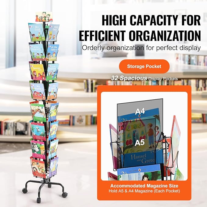 VEVOR Card Display Stand, 32-Slot Rotatable Postcard Holder, 360-Degree Spin with Title Clip & 4 Casters (2 with Brakes) for Office, Exhibits, and Fairs