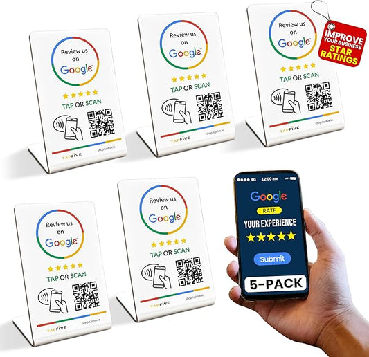Tap Google Review Stands (5-Pack) by TapFive - Tap for Instant Reviews - All Phones Compatible - Reusable Smart Tap NFC & QR - Boost Business Reviews Zappy Fast - Powered by TapFive (White, 5 Stands)