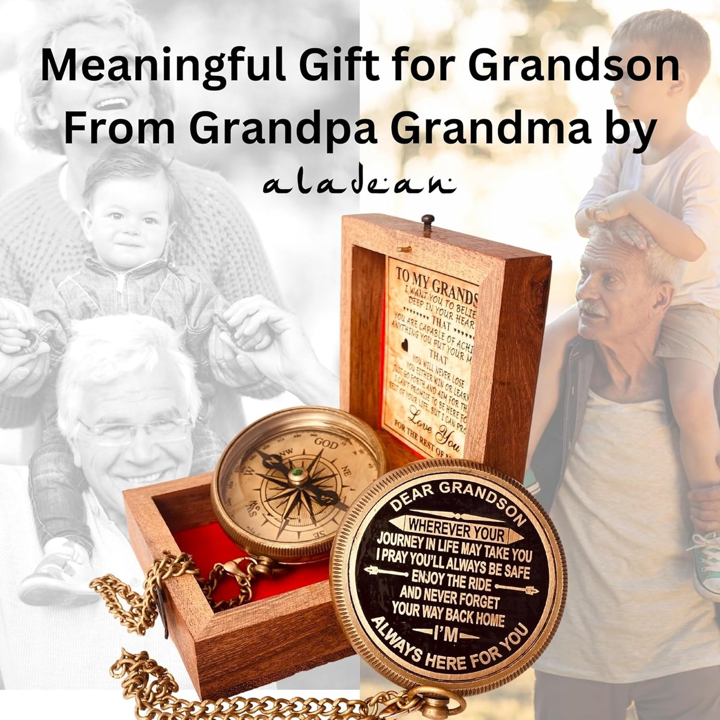 Gift for Grandson Brass Compass Engraved Quote | Memory Present to My Grandson Birthday, Baptism, Graduation, Confirmation, Love, Gift idea by Grandpa Grandma