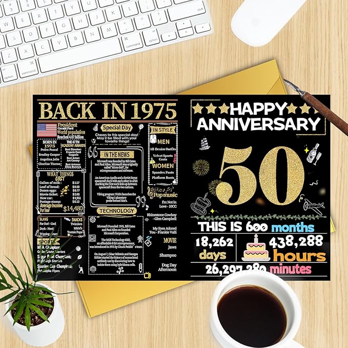 Joycard 50th Anniversary Card for Women Men, Gold Wedding Card for Wife Husband, Sweet Marriage Decorations Gifts for Couple, Perfect for Her Him on Anniversary Day, Gold Wedding Card, Back in 1975