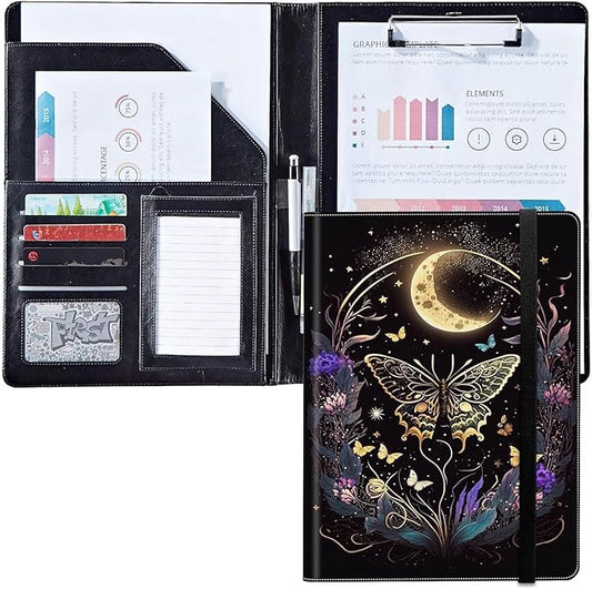 Padfolio/Portfolio Folder Clipboard,Butterfly Flowers & Gold Moon Personalized Leather Portfolio Padfolio for Men Women W/Resume Document Organizer Letter Size A4 Writing Pad Business Card Holders