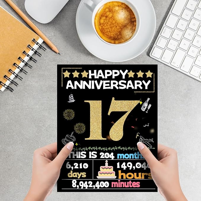 Joycard 17th Anniversary Card for Women Men, Gold Wedding Card for Wife Husband, Sweet Marriage Decorations Gifts for Couple, Perfect for Her Him on Anniversary Day, Back in 2008