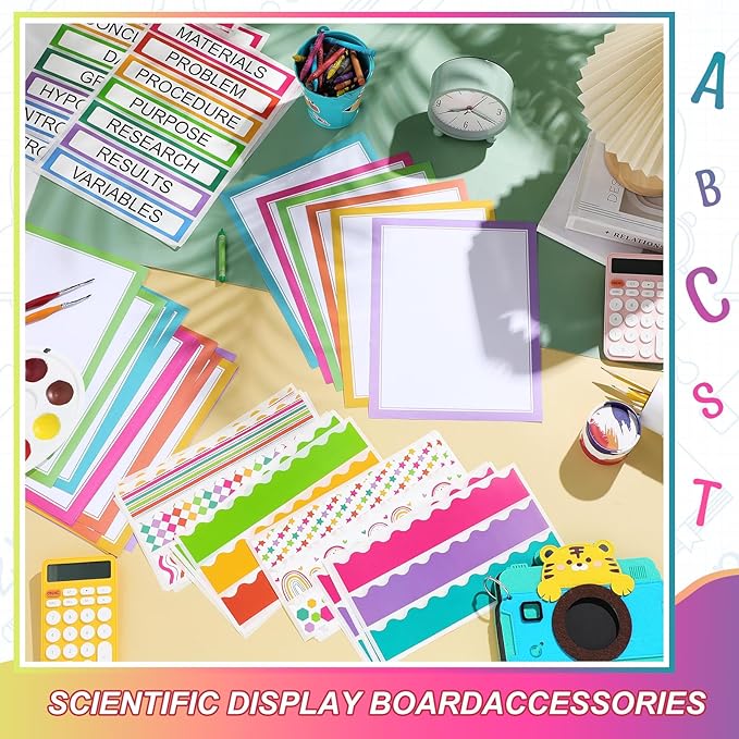 90 Pcs Science Fair Board Supplies 60 Trim Scalloped Bulletin Board Borders 24 Presentation Board Subtitles 6 Science Fair Titles for Classroom Display Boards(Colorful)